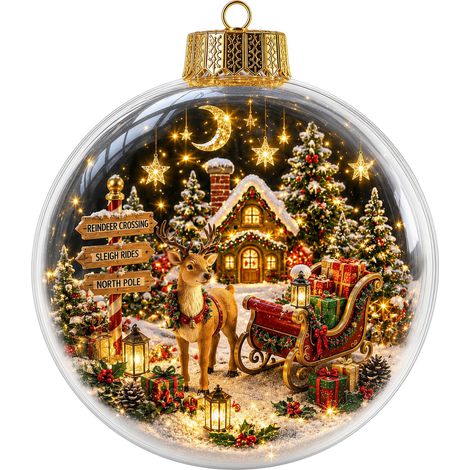 Boule de Noël lumineuse 3D en acrylique et cristal, motif traîneau de rennes et chalet arctique, à suspendre pour la décoration de fenêtre. (1/5)