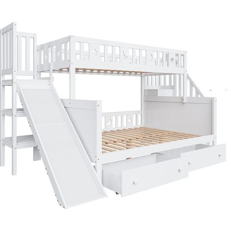 Lit superposé enfant 90x200/140x200 avec toboggan, rangement, escalier et tiroirs blancs