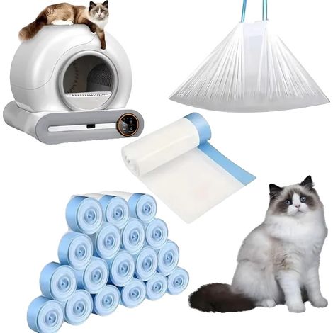 Bolsas para arena de gato, cierre con cordón, gran capacidad, 18 rollos (1/2)