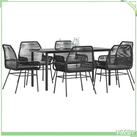 Ensemble à manger de jardin - 3334566 - poly rotin noir - table verre trempé - 6 chaises avec coussins (1/5)