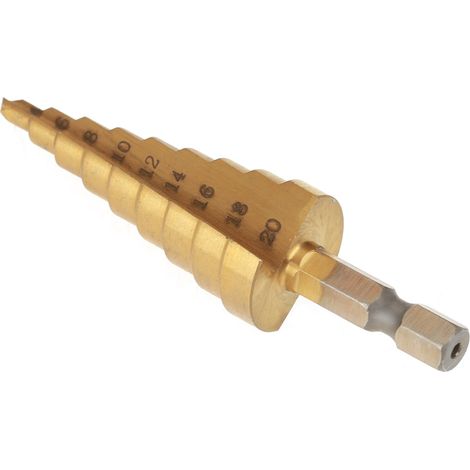 Foret conique étagé HSS 4-20mm queue hexagonale revêtement titane pour perçage tôles plastique bois 1 pièce (1/5)