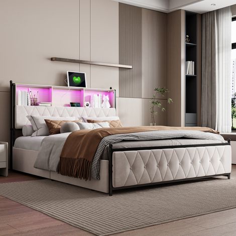 Letto 180 x 200 cm con cassetti, letto matrimoniale con contenitore, letto imbottito, 4 cassetti, illuminazione a LED, multipresa, struttura letto con rete a doghe, velluto beige (1/5)