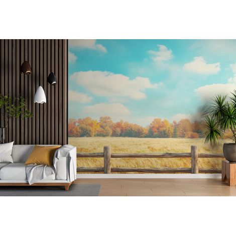 Papier peint campagne - barrière de bois en automne - 300 x 250 cm (1/2)