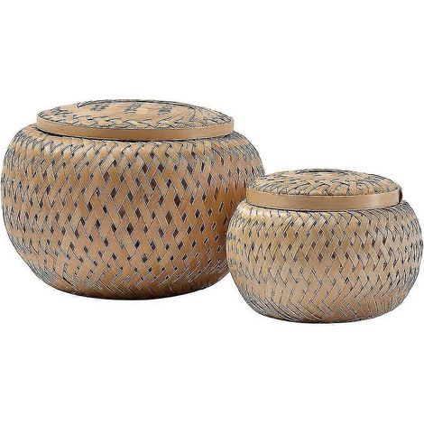 Ensemble de 2 petits paniers décoratifs en bambou avec couvercle pour ranger de petits objets. Faits main et tressés en bambou.