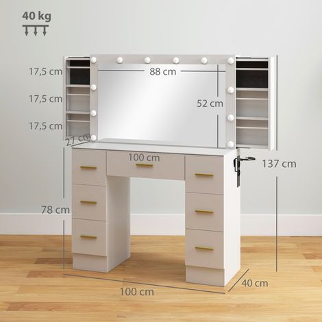 Coiffeuse avec miroir et 12 lumières LED, meuble-lavabo avec 7 tiroirs, 6 compartiments de rangement dissimulés, panneaux de particules, blanc (1/5)