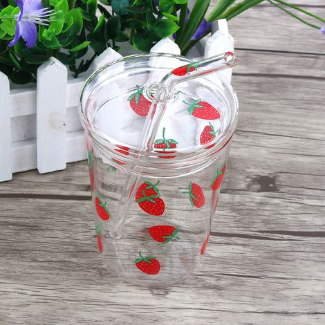 Verre à café résistant à la chaleur avec couvercle et paille motif fraise (1/5)