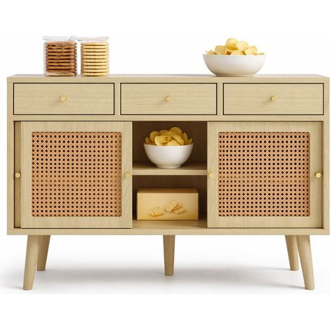 Buffet commode à 3 tiroirs et 3 portes coulissantes, façade en résine tressée, étagères réglables, poignées dorées, style rétro, meuble bas 120 cm CHICFURN (1/5)