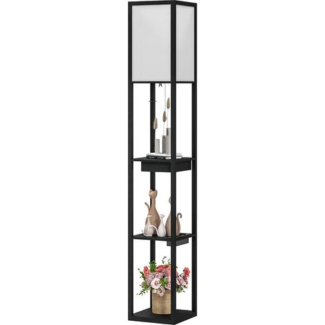 Stehlampe, Stehleuchte mit 3 Fächern, E27 Sockel, Standlampe mit Stoff-Lampenschirm, USB-A, USB-C Anschlüssen für Wohnzimmer, Weiß+Schwarz, exkl. Glühbirne 