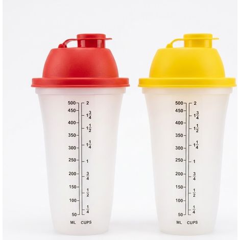 2 Shaker 50 cl ROSSO E GIALLO con Scala Graduata Bicchiere Dosatore 500 ml con Tappo ad incastro per caffe' freddo granite frullati Cocktail Proteine Pastelle Salse ed Emulsioni (1/5)