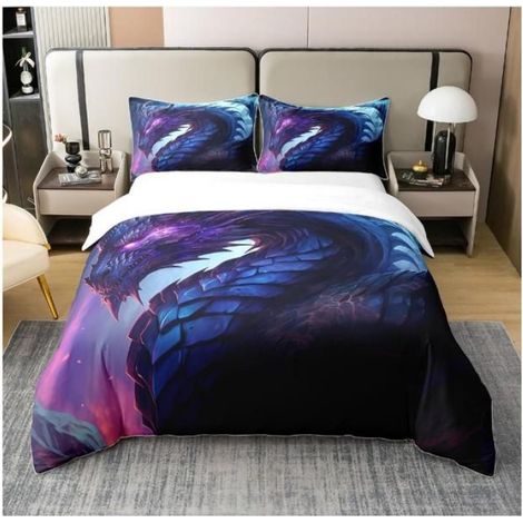 Ensemble de Literie Dragon 200x200 pour Filles Garçons Enfants, Housse de Couette 3D Parure de Lit Animaux Violet - FJC