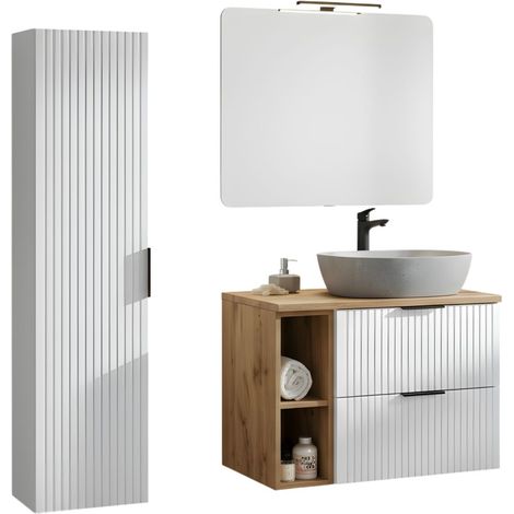 Badezimmer-Set NOXERA – Hängender Waschtischunterschrank mit Marmorimitat-Waschbecken, Stauraum, Spiegel und LED-Lampe