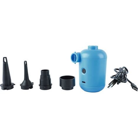 Blaue tragbare elektrische Luftpumpe mit Aufblas- und Ablassfunktion, ideal für Camping und Outdoor-Aktivitäten, mit USB-Anschluss.