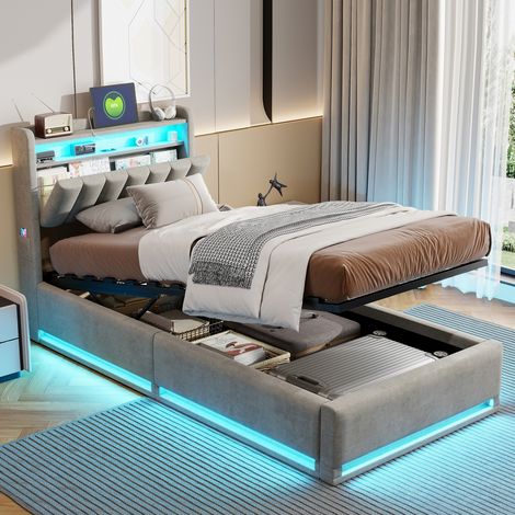 Lit coffre 90x200 cm,lit simple avec rangement hydraulique et LED, tête de lit avec étagère et ports USB, sommier à lattes en bois, design moderne, velours Gris (1/5)