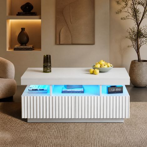 Tavolino da caffè 100x50x45 cm, due cassetti, luce LED, vano aperto, truciolare, bianco (1/5)