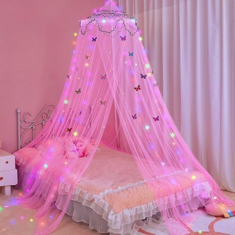 Magischer LED-Vorhang für Kinder – DIY-Prinzessinnen-Bettvorhang gegen Mücken mit Sternenhimmel- und Schmetterlingsmuster – Rosa (1/5)