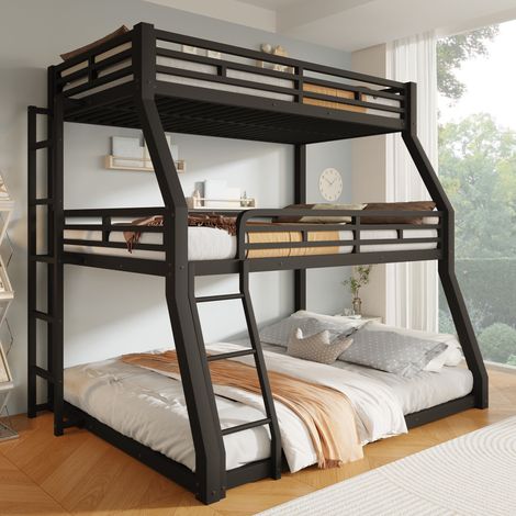 Lit Superposé Triple 3 Couchages 90x200, 120x200 et 140x200 cm, 2 Échelles, Garde-Corps, pour Enfants, Ados et Adultes, Métal Noir (1/5)