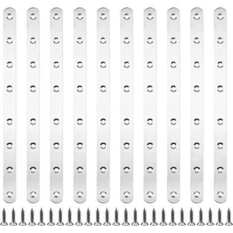 10 pièces 293 x 19 x 3 mm Pattes D'assemblage Supports de Fixation Droits Plats Plaques Dassemblage Métalliques en Acier Inoxydable avec 80 vis de Fixation pour Cadres de Lit, Chaises, Tables