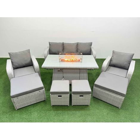 Fimous PE Rattan Lounge Sofa Set 9 Seater Outdoor Garden Furniture Set with Gas Firepit Table 3 Seater Sofa 2 Big Footstools Light Grey (1/4)