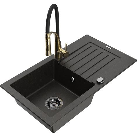Mexen Pablo fregadero de granito de 1 cubeta con escurridor y grifo de cocina Aster, negro/dorado metálico - 6510-75-73450-57-B (1/5)