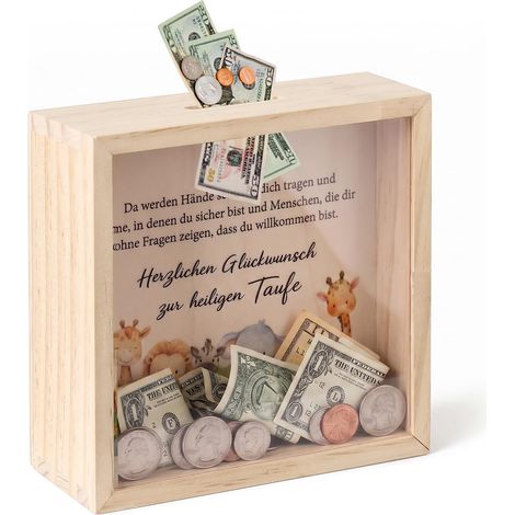 Tirelire en bois pour baptême - 16 x 16 cm - Tirelire pour enfant - Cadre photo - Cadeau d'argent - Tirelire en bois pour garçons et filles - Baptême, communion, cérémonie de jeunesse, diplôme - Cadre (1/5)