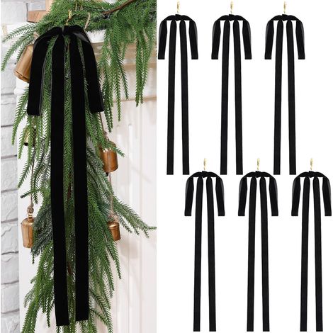 Lot de 6 nœuds de Noël en velours avec longue queue, décorations de Noël vintage pour cime de sapin, couronne, cheminée, escaliers, portes (noir) (1/5)