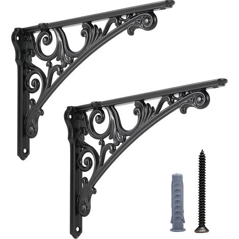 Lot de 2 supports muraux pour étagère de 25,4 cm, support mural robuste, style baroque, pour cuisine, étagère décorative, noir (1/5)