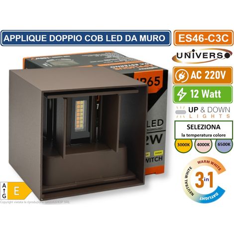 UNIVERSO ES46-C3C APPLIQUE LAMPADA DA MURO DOPPIO LED COB 12W FASCIO REGOLABILE CON SWITCH CCT PER SELEZIONE LUCE 3000K/4000K/6500K IP65 (1/5)
