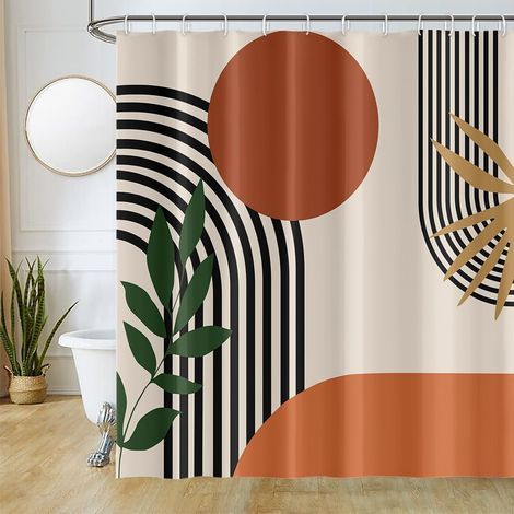 Terrakotta-Duschvorhang, Anti-Schimmel-Duschvorhang, 180 x 180 cm, orange, abstrakt, böhmische Badvorhänge, wasserdicht, waschbar, Stoff, Polyester, Badezimmervorhänge mit 12 Haken