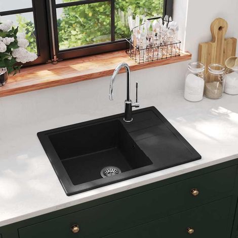 vidaXL Évier de cuisine avec trou de trop-plein ovale Noir Granit (1/5)
