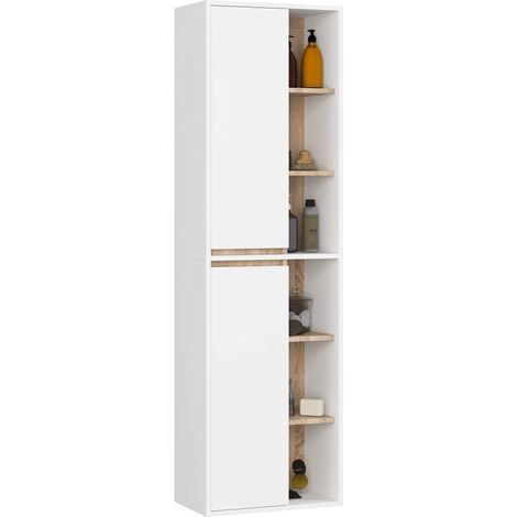 Akord – Colonne de salle de bain suspendue blanche et chêne sonoma 50 cm – 2 portes – 10 étagères – Dimensions 50x30x170 cm