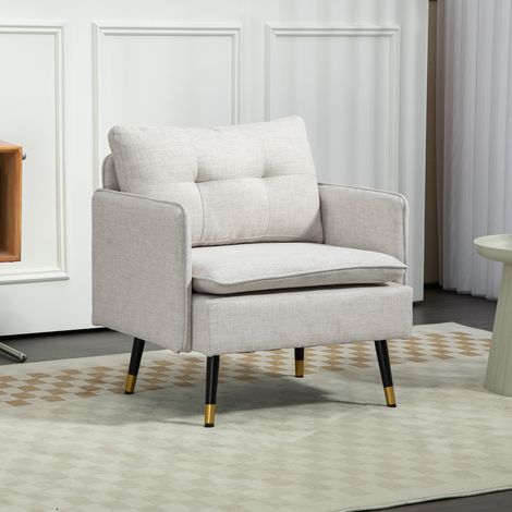 Fauteuil de salon moderne, revêtu de lin, avec accoudoirs, assise rembourrée et pieds en acier, 76 x 68 x 80 cm, couleur crème. (1/5)
