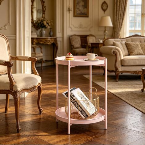 Table basse ronde 44 cm avec rangement métal rose HAVRYA (1/5)