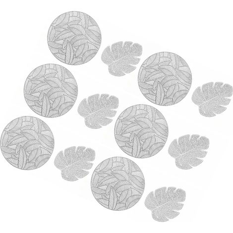 Ensemble de sets de table et sous-verres isolants creux : 6 sets de table ronds et 6 sous-verres en forme de feuille, couleur argent. (1/5)