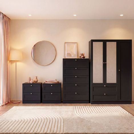 Altino 4 Piece Bedroom Set with 2 Drawer Bedside, Set of 2, 5 Drawer Chest, 3 Door 2 Drawer Wardrobe, Black (1/4)