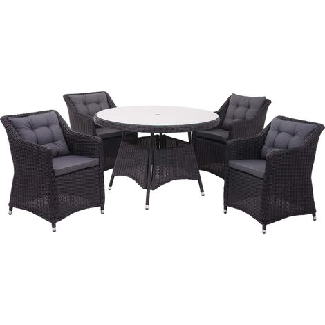 [NEUWERTIG] Poly-Rattan Garnitur HHG-984, Garten-/Lounge-Set Sitzgruppe Tisch+4xStuhl, rundes Rattan anthrazit Kissen dunkelgrau
