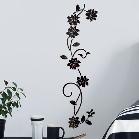 Miroirs muraux Flower Vine Acrylique Miroir Stickers Muraux,élégant Miroir Réglage Mur Autocollant,Mur Collant Miroir Décoration Murale pour La Maison Salon Chambre Décor,GROOFOO Noir (1/5)