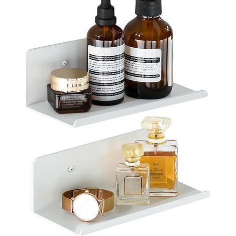2 Pcs Etagere Murale Blanche Adhésif sans Perçage/Montage par Vis, Tablette Flottante Murale en Métal Anti-Rouille, Décoration & Rangement dans Salon, Chambre, Salle de Bain, Cuisine, 20CM (1/5)