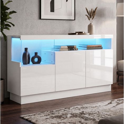 Buffet bas blanc à 3 portes avec niche acrylique et LED APP, 140 x 36 x 80 cm (1/5)