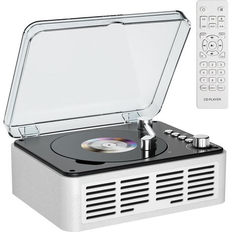 Reproductor de CD Bluetooth con altavoces y radio FM vintage, reproductor de CD con soporte USB y AUX, reproducción de audiolibros, blanco (1/5)