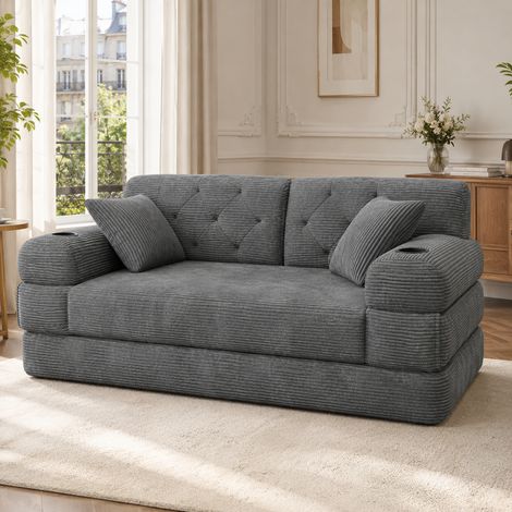 Canapé convertible compact 2 places 168x80x81 cm avec dossier haut, 2 porte-gobelets, 4 poches latérales, velours côtelé, Gris foncé (1/5)