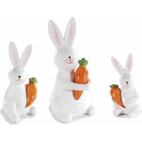 Coniglietti pasquali in porcellana lucida con carota colorata, set da 2 pezzi, Grande: cm 9,5x11,5x21 H
