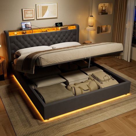 Cama tapizada 180x200 cm con arcón de almacenamiento y cabecero abatible con estante, terciopelo gris oscuro DESVIAE (1/5)