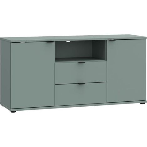 Meuble TV - GANYMEDE - Sauge - 2 portes, 2 tiroirs, 1 niche - 129,8 x 41,3 x 63,1 cm (1/5)
