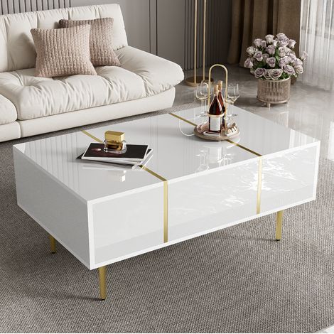 Tavolino da salotto 100x60x41,5 cm bianco lucido con 2 cassetti, MDF e dettagli oro MEUBLIV (1/5)