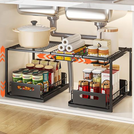 Rangement Sous Evier, Extensible Organisateur à 2 Niveaux en Métal, Hauteur Réglable Coulissant Tiroir Étagères pour Placard Meuble Cuisine Salle Bain(Noir, B-Style) (1/5)