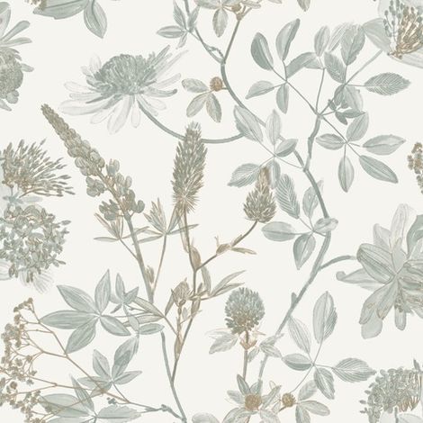 Papier peint floral botanique vert sauge fond blanc