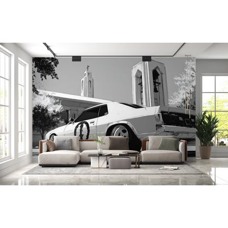 Papier peint voitures - berline américaine en noir et blanc - 150 x 250 cm (1/2)