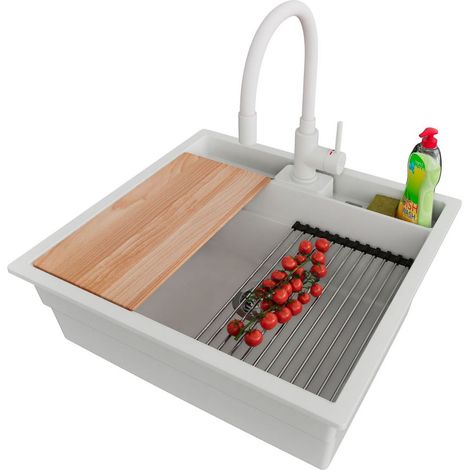 PRIMAGRAN Evier Sous Plan 56x54cm,Evier en Granit 1 bac + Robinet 38x14cm + Kit de Vidage + Accessoires, Évier au meuble 60cm - Bergen Pocket, Blanc