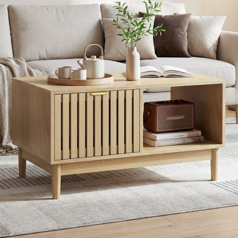 Table basse 80x50x45 cm chêne, 1 tiroir et étagères ouvertes, MDF et bois, MEUBLIV (1/5)
