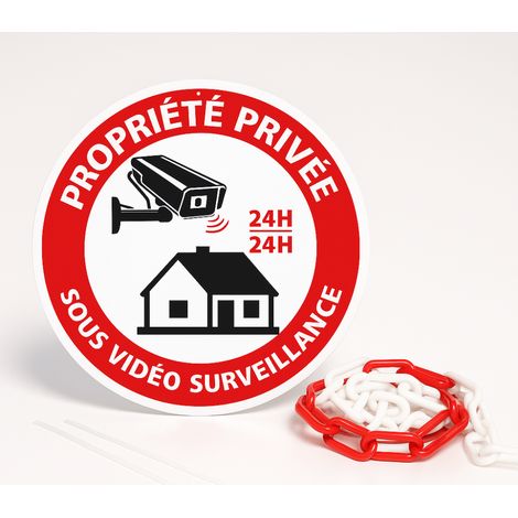 Panneau propriété privée sous vidéosurveillance 24h/24 disque rigide prépercé avec chaine plastique rouge/blanc avec collier de serrage de serrage Diamètre 300 mm